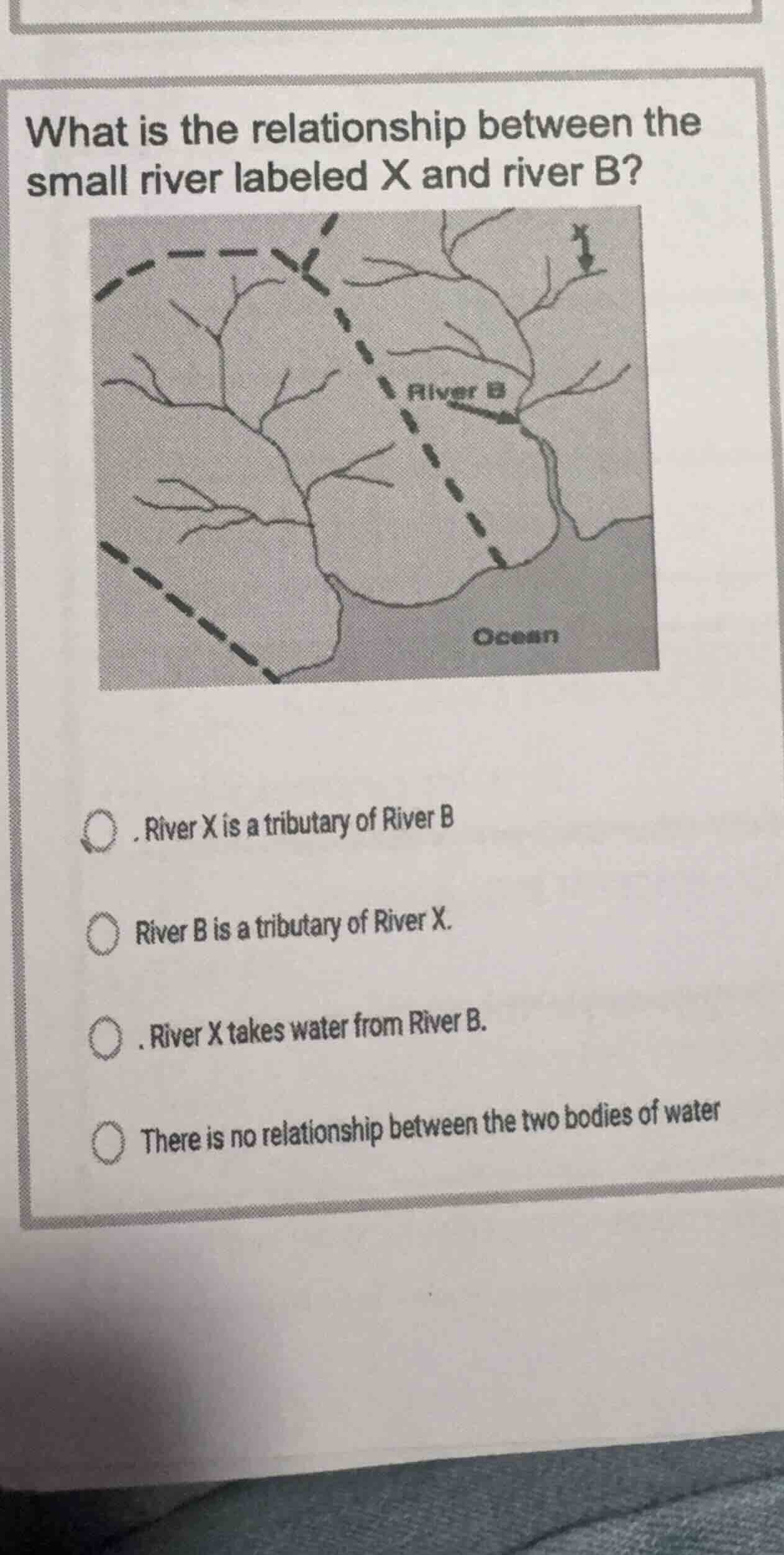 what is the relationship between the small river labeled x and river b?…