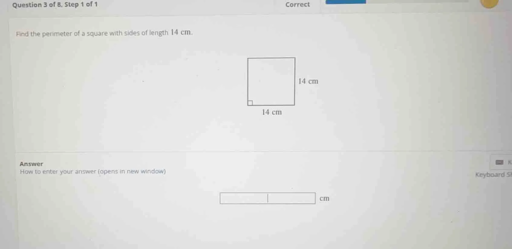 question 3 of 8, step 1 of 1 find the perimeter of a square with sides …