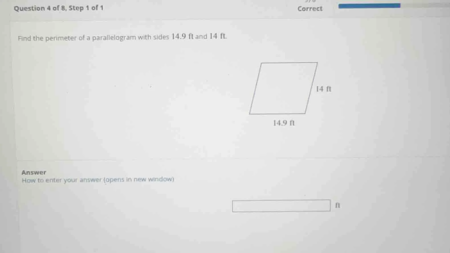 question 4 of 8, step 1 of 1 find the perimeter of a parallelogram with…