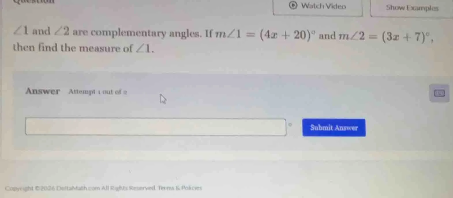 ∠1 and ∠2 are complementary angles. if ( mangle1 = (4x + 20)^circ ) and…