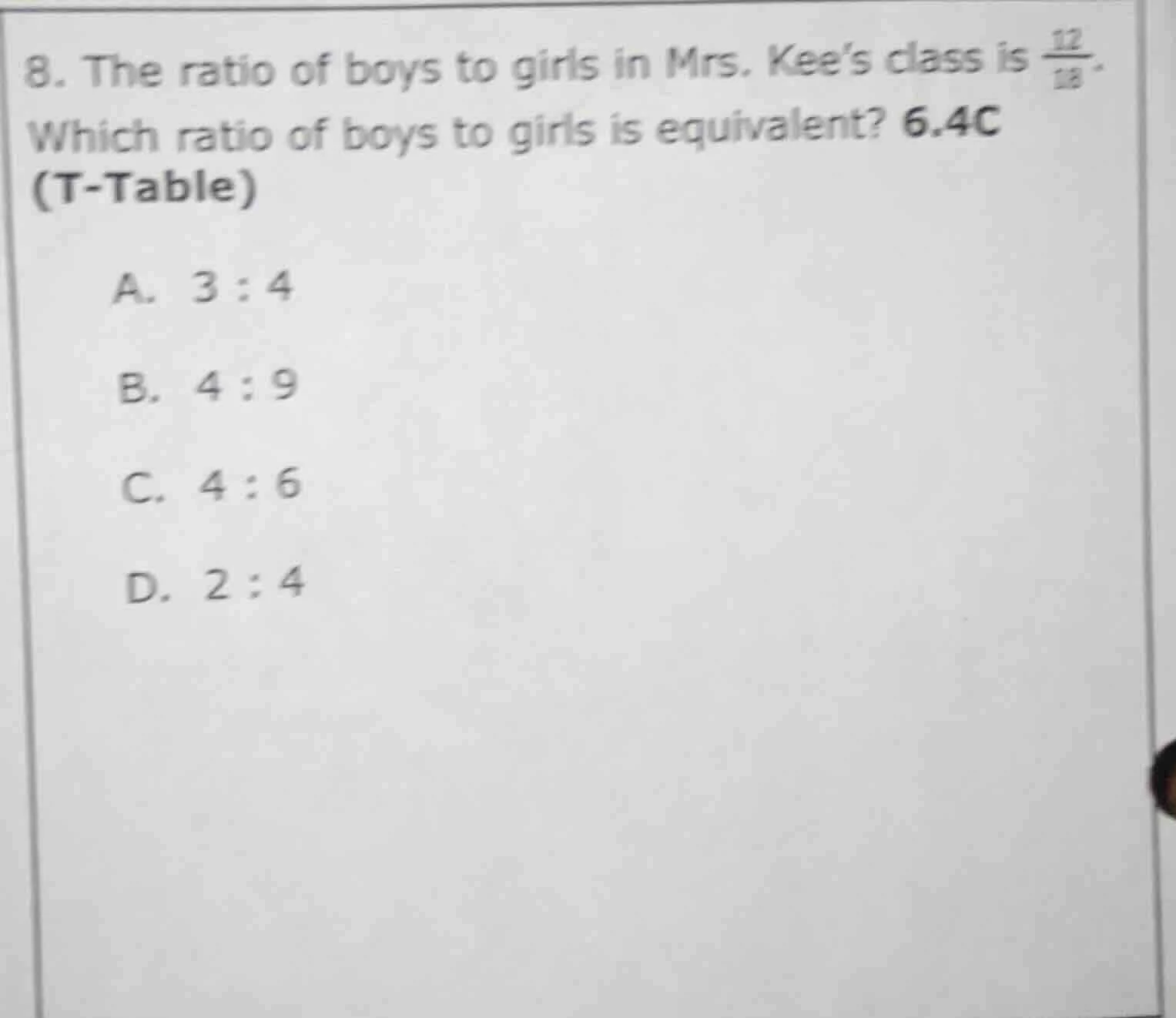 8. the ratio of boys to girls in mrs. kee’s class is \\(\frac{12}{18}\\…