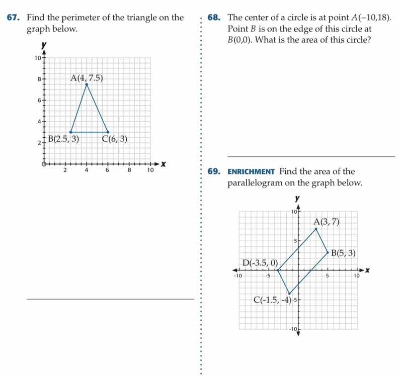 67. find the perimeter of the triangle on the graph below. 68. the cent…