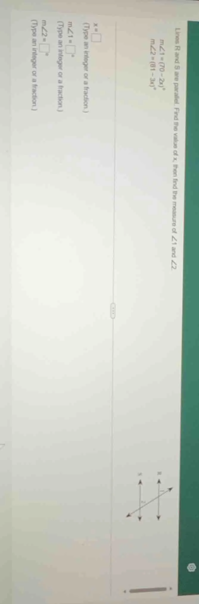 lines r and s are parallel. find the value of x, then find the measure …