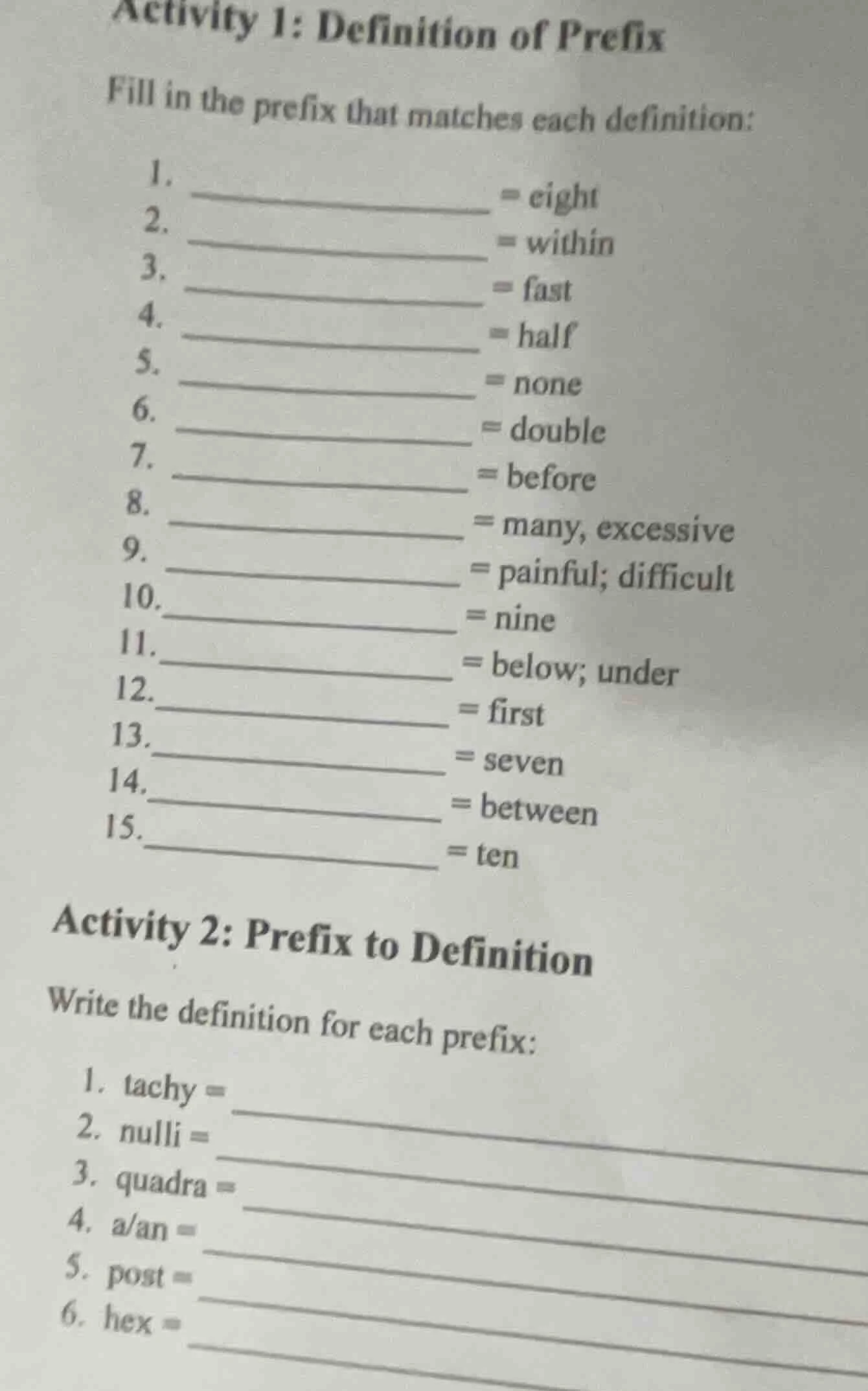 activity 1: definition of prefix fill in the prefix that matches each d…