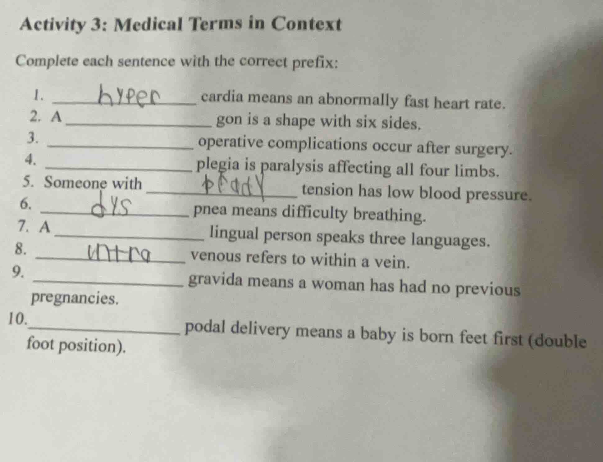 activity 3: medical terms in context complete each sentence with the co…