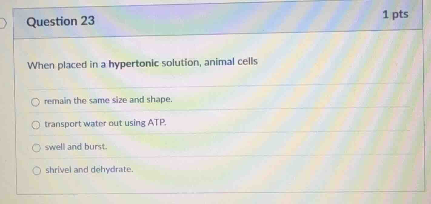 question 23 1 pts when placed in a hypertonic solution, animal cells re…