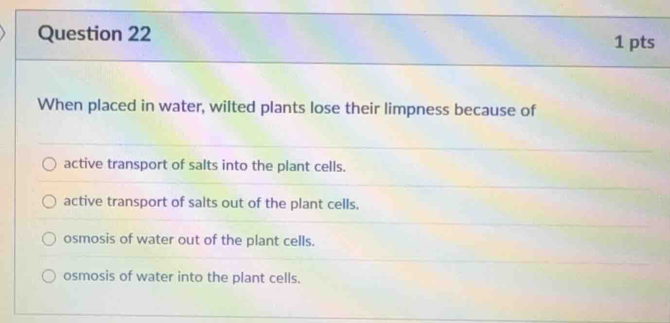 question 22 1 pts when placed in water, wilted plants lose their limpne…