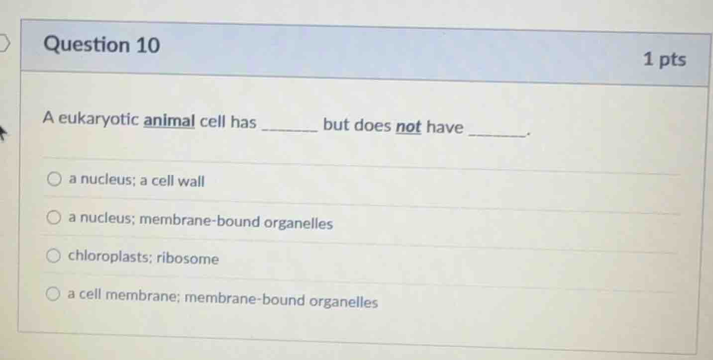 question 10 1 pts a eukaryotic animal cell has ______ but does not have…
