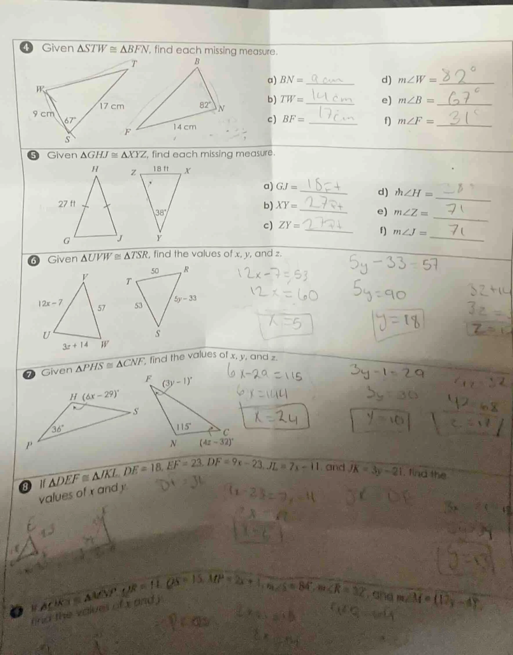 4 given $\\triangle stw \\cong \\triangle bfn$, find each missing measu…