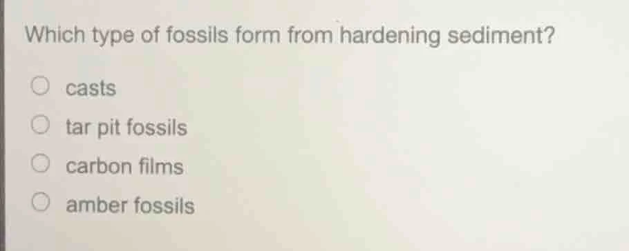 which type of fossils form from hardening sediment? casts tar pit fossi…