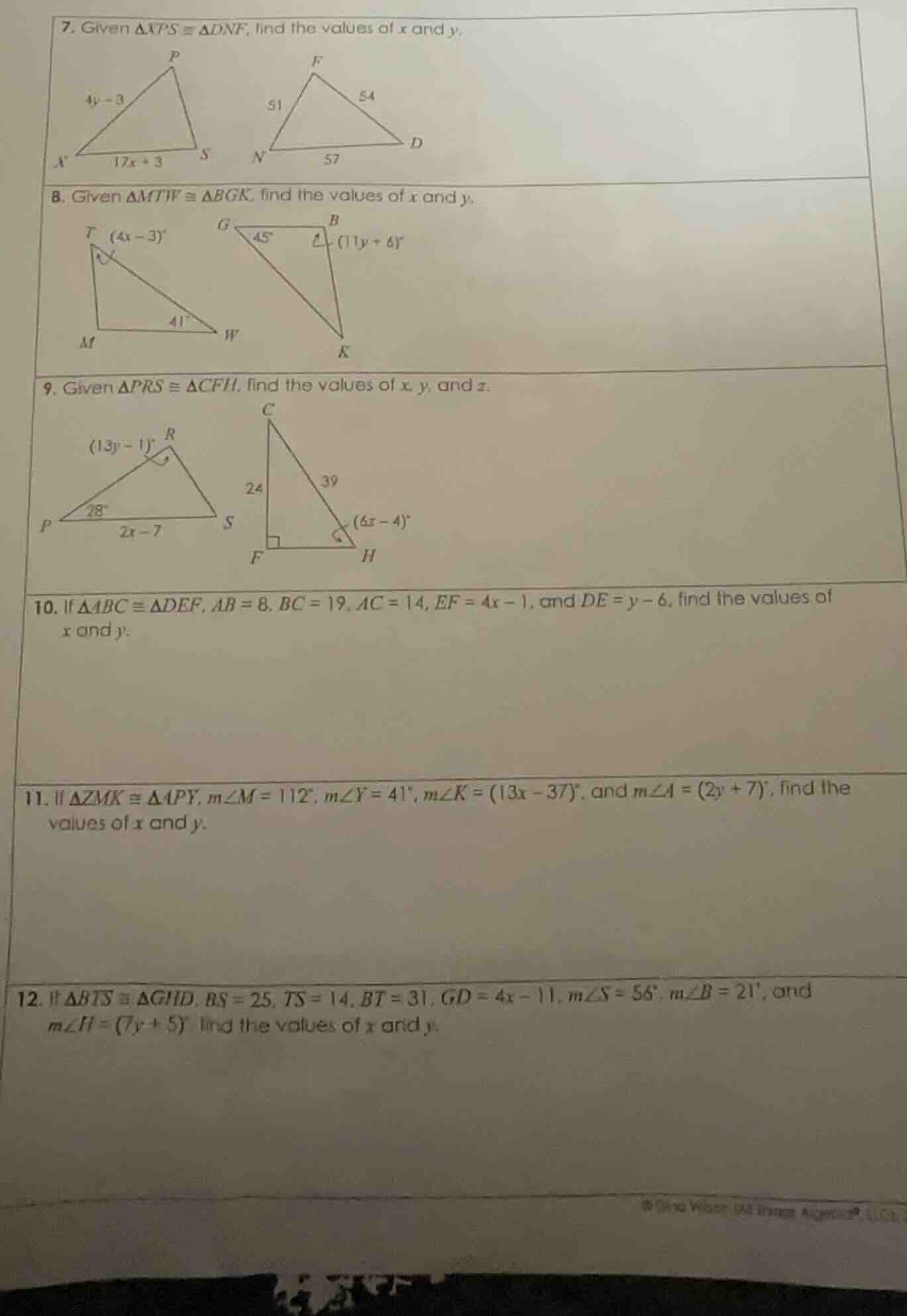 7. given $\\triangle xps \\cong \\triangle dnf$, find the values of $x$…