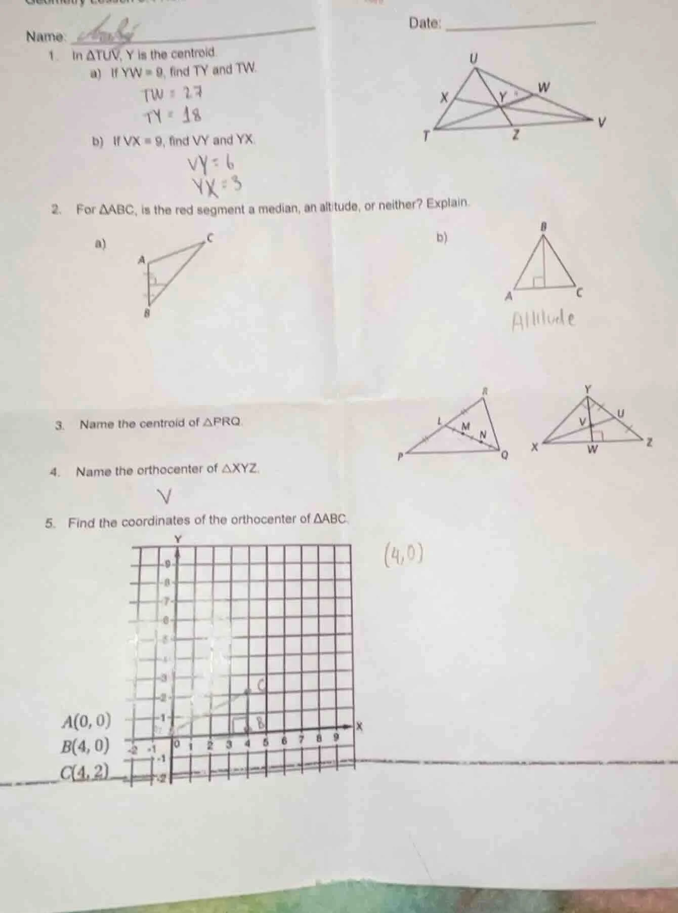 name: date: 1. in δtuv, y is the centroid. a) if yw = 9, find ty and tw…