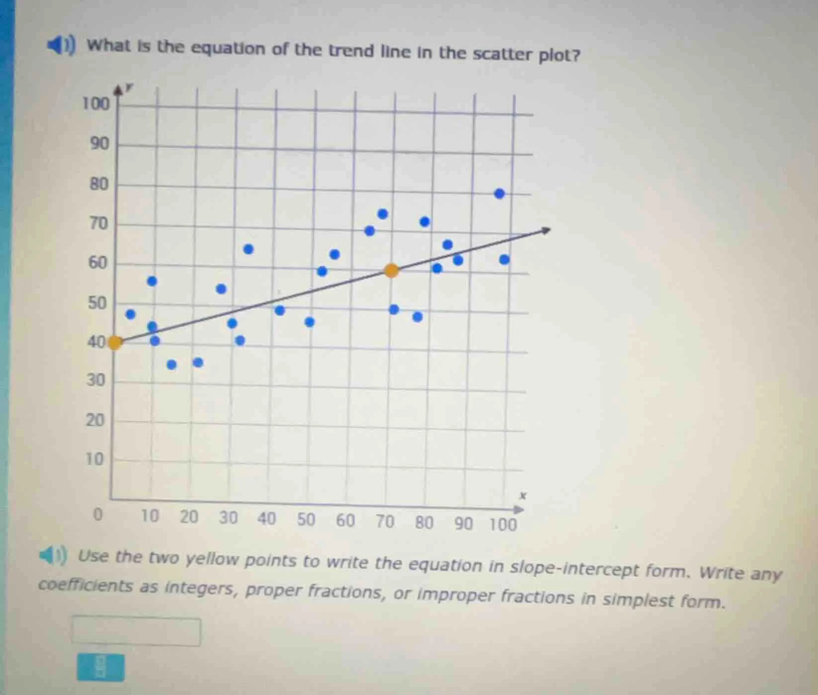 1) what is the equation of the trend line in the scatter plot? 1) use t…