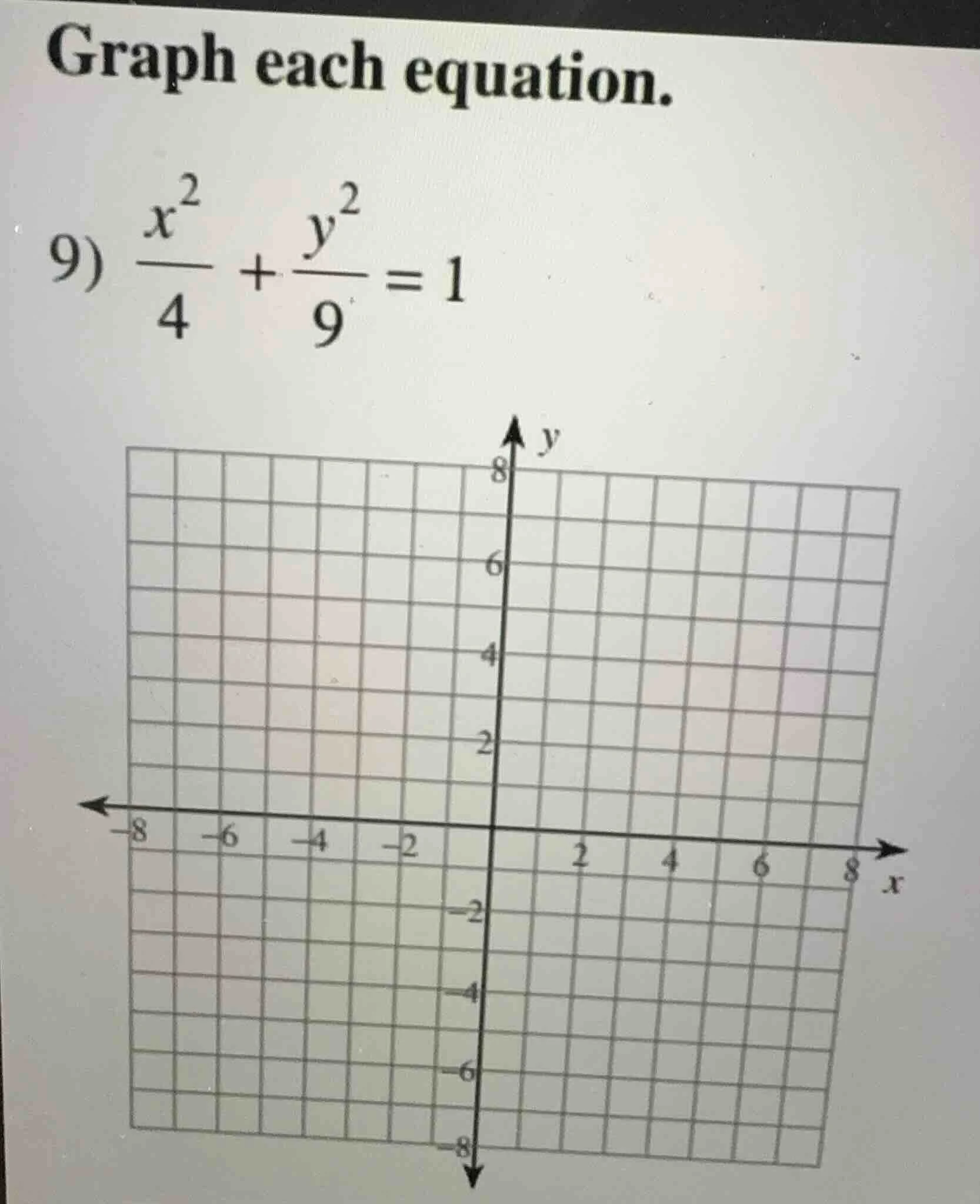 graph each equation. 9) \\(\\frac{x^2}{4} + \\frac{y^2}{9} = 1\\)