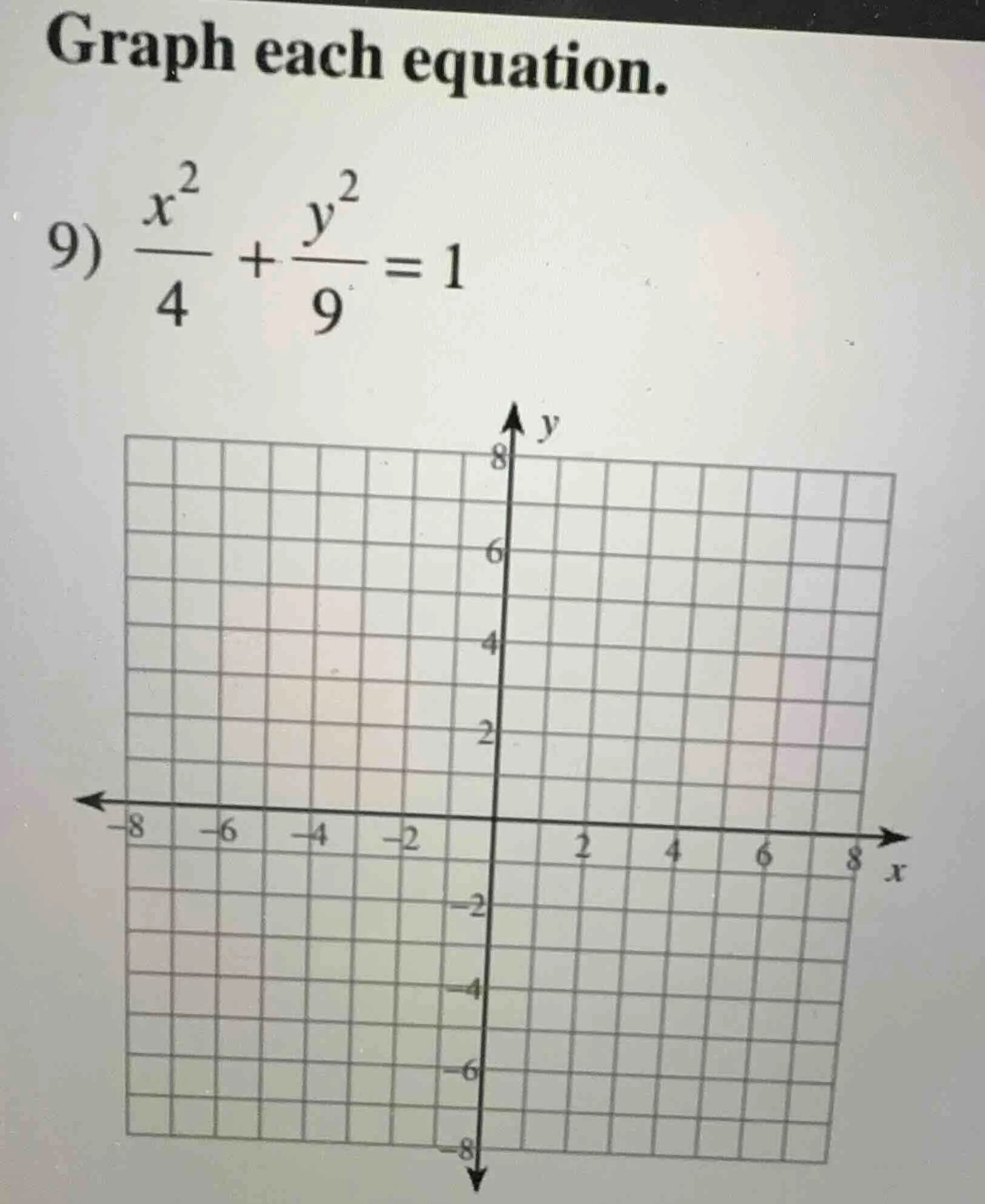graph each equation. 9) \\(\\frac{x^2}{4} + \\frac{y^2}{9} = 1\\)