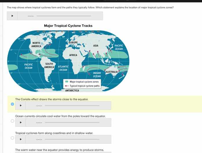 the map shows where tropical cyclones form and the paths they typically…