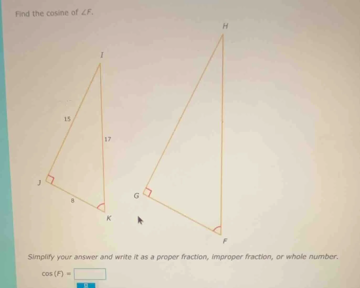 find the cosine of $\\angle f$. simplify your answer and write it as a …