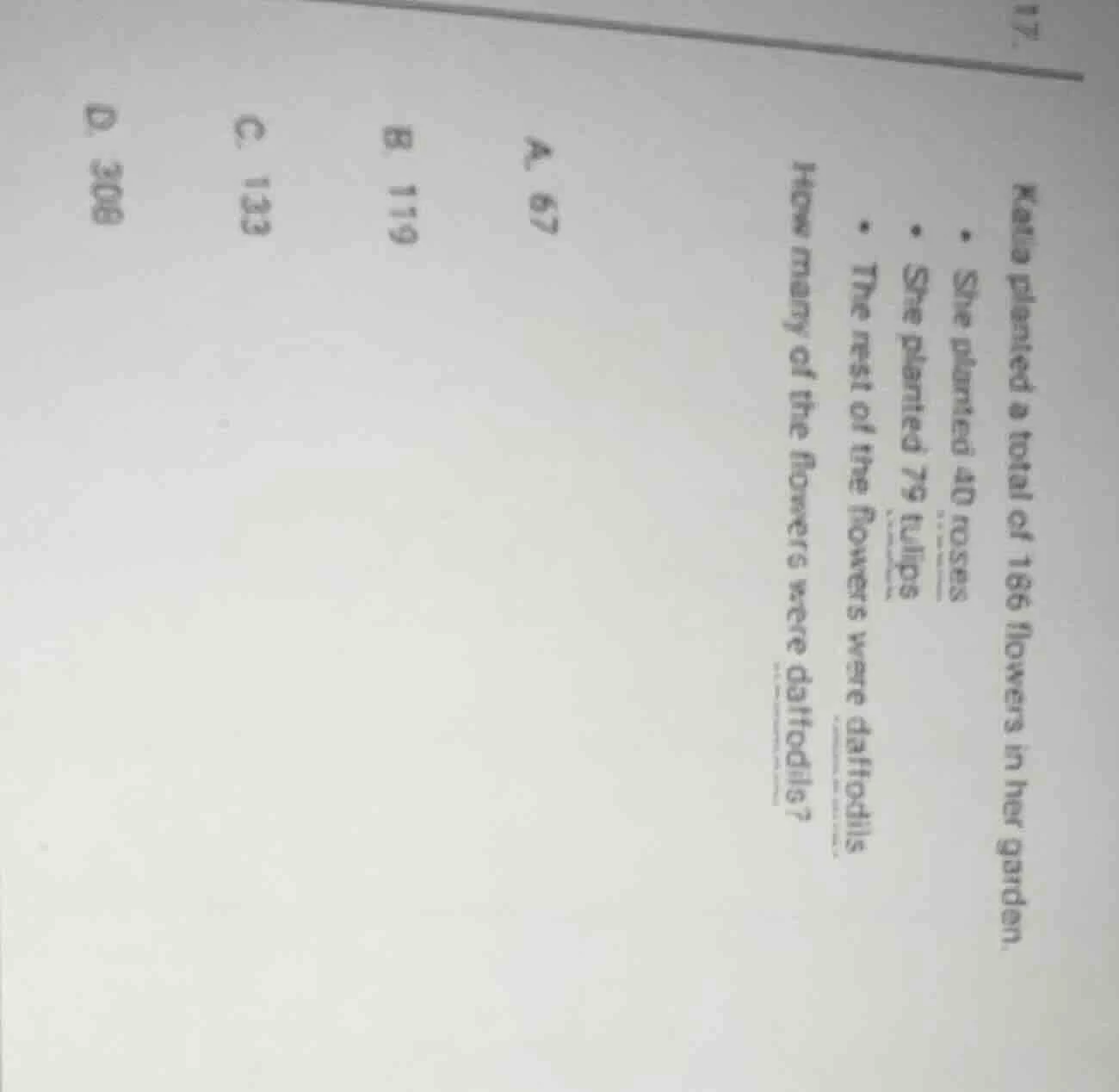 17. kalla planted a total of 186 flowers in her garden. - she planted 4…