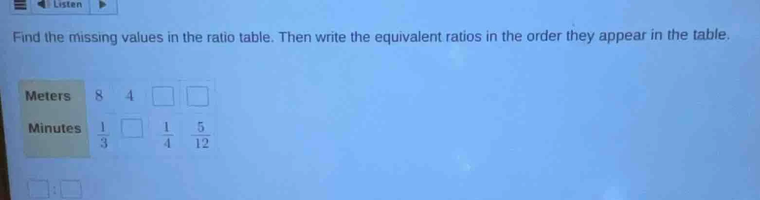 find the missing values in the ratio table. then write the equivalent r…