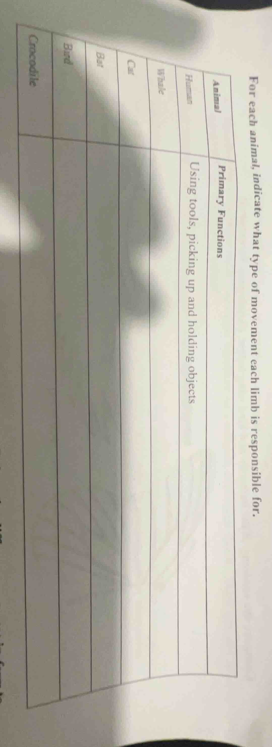 for each animal, indicate what type of movement each limb is responsibl…