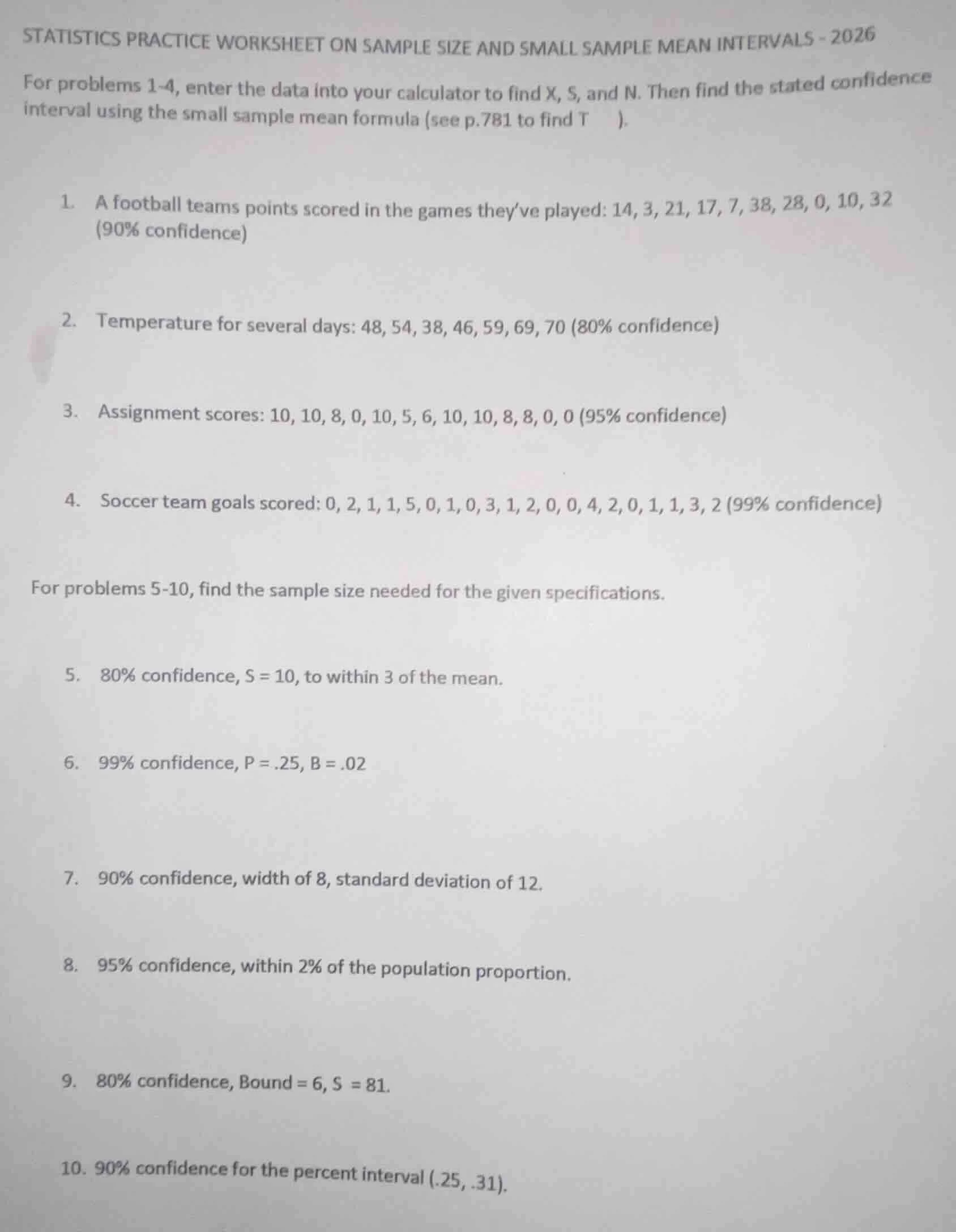 statistics practice worksheet on sample size and small sample mean inte…