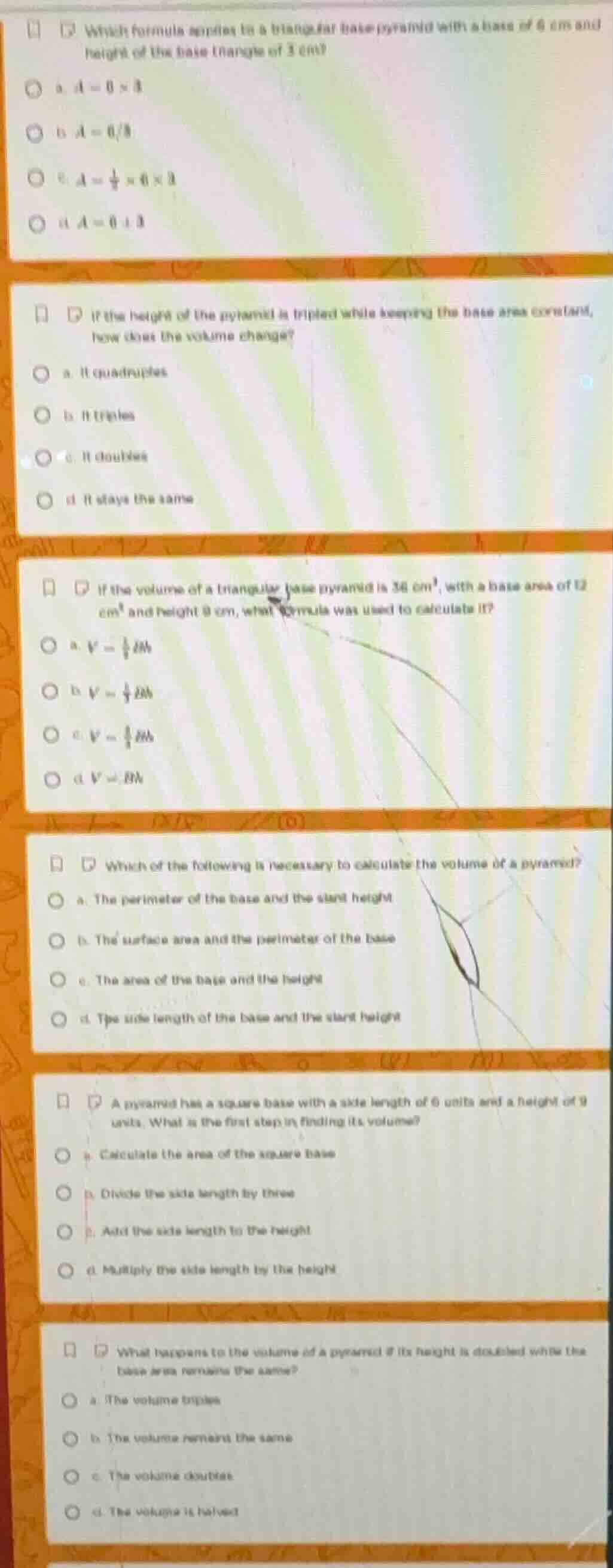 1. which formula applies to a triangular base pyramid with a base of 6 …