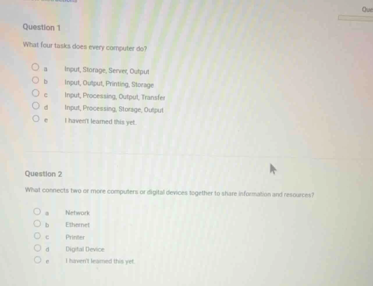 question 1 what four tasks does every computer do? a input, storage, se…