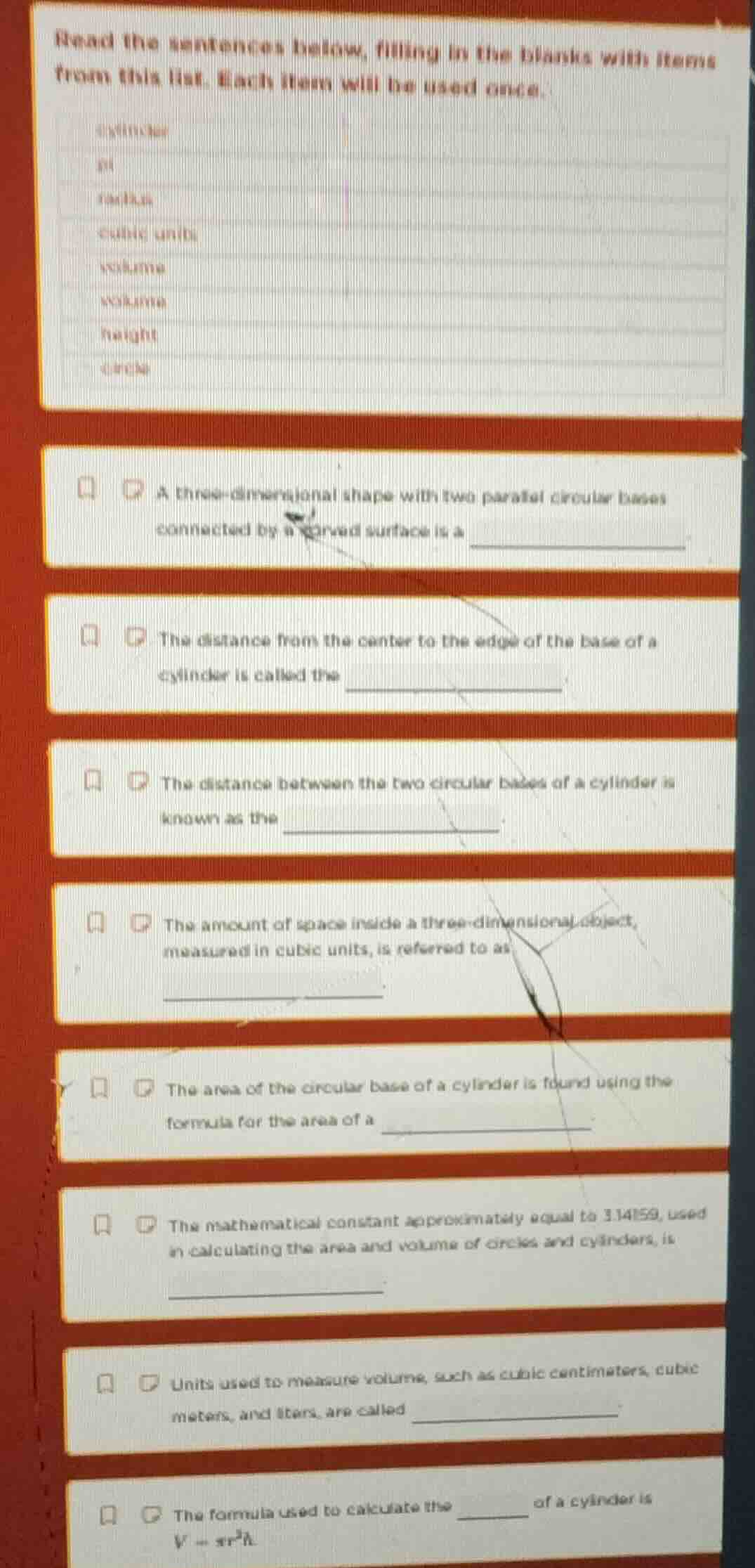 read the sentences below, filling in the blanks with items from this li…