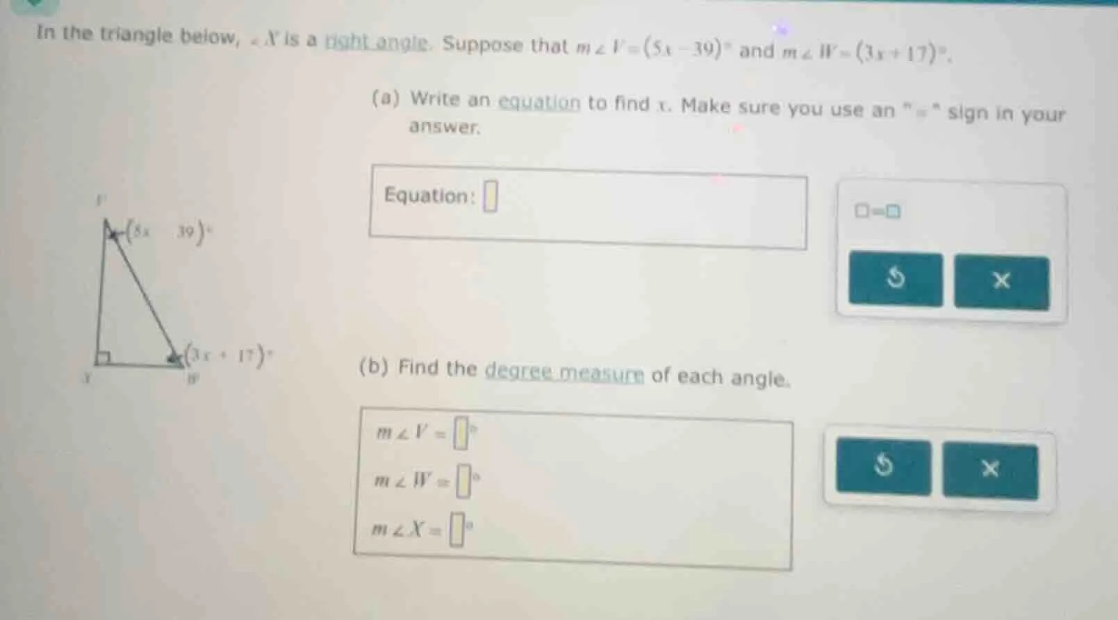 in the triangle below, ∠x is a right angle. suppose that ( mangle v=(5x…