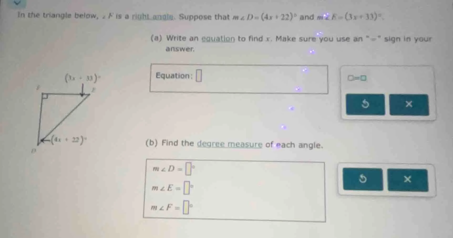 in the triangle below, ∠f is a right angle. suppose that m∠d = (4x + 22…