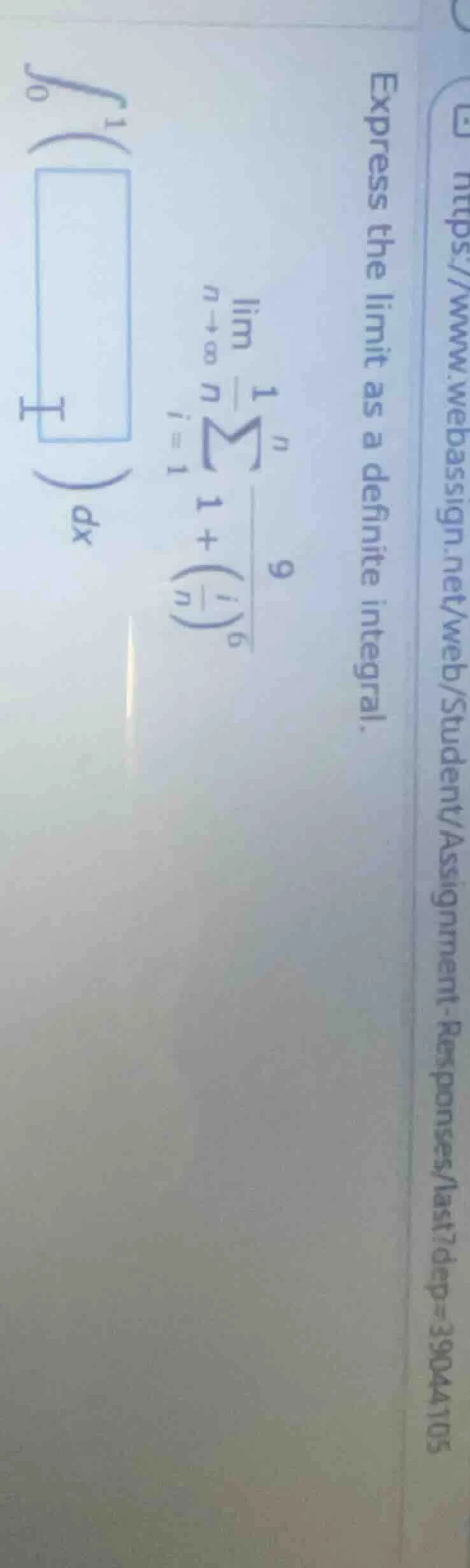 express the limit as a definite integral. \\(\\lim_{n\\to\\infty} \\fra…