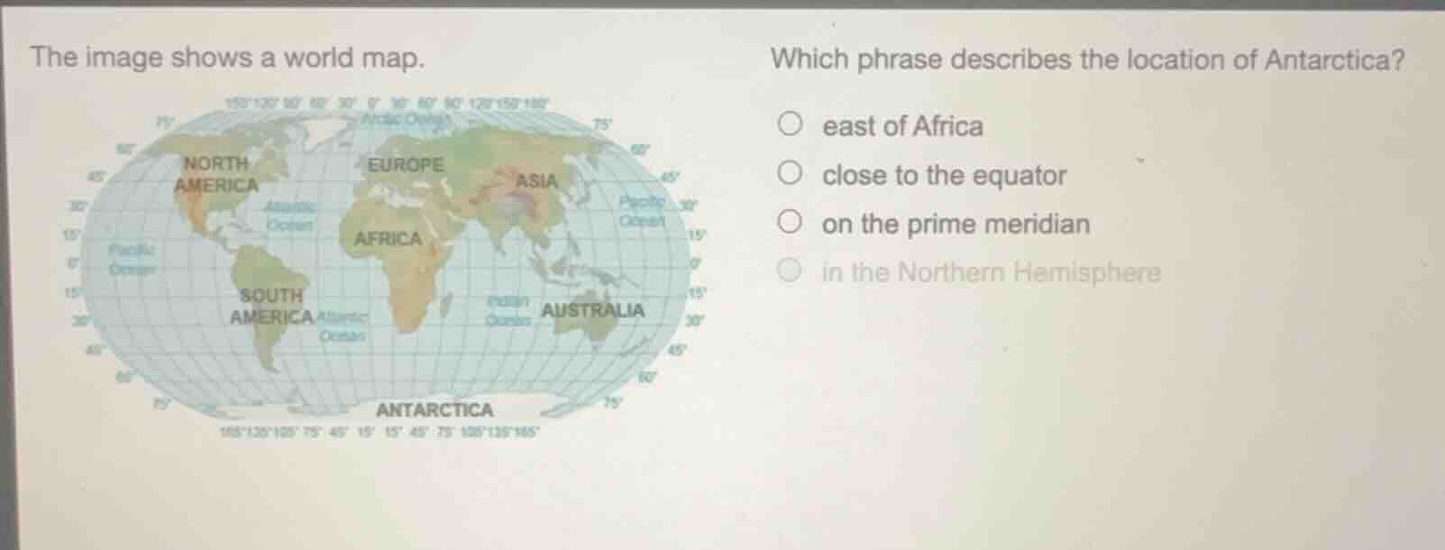the image shows a world map. which phrase describes the location of ant…