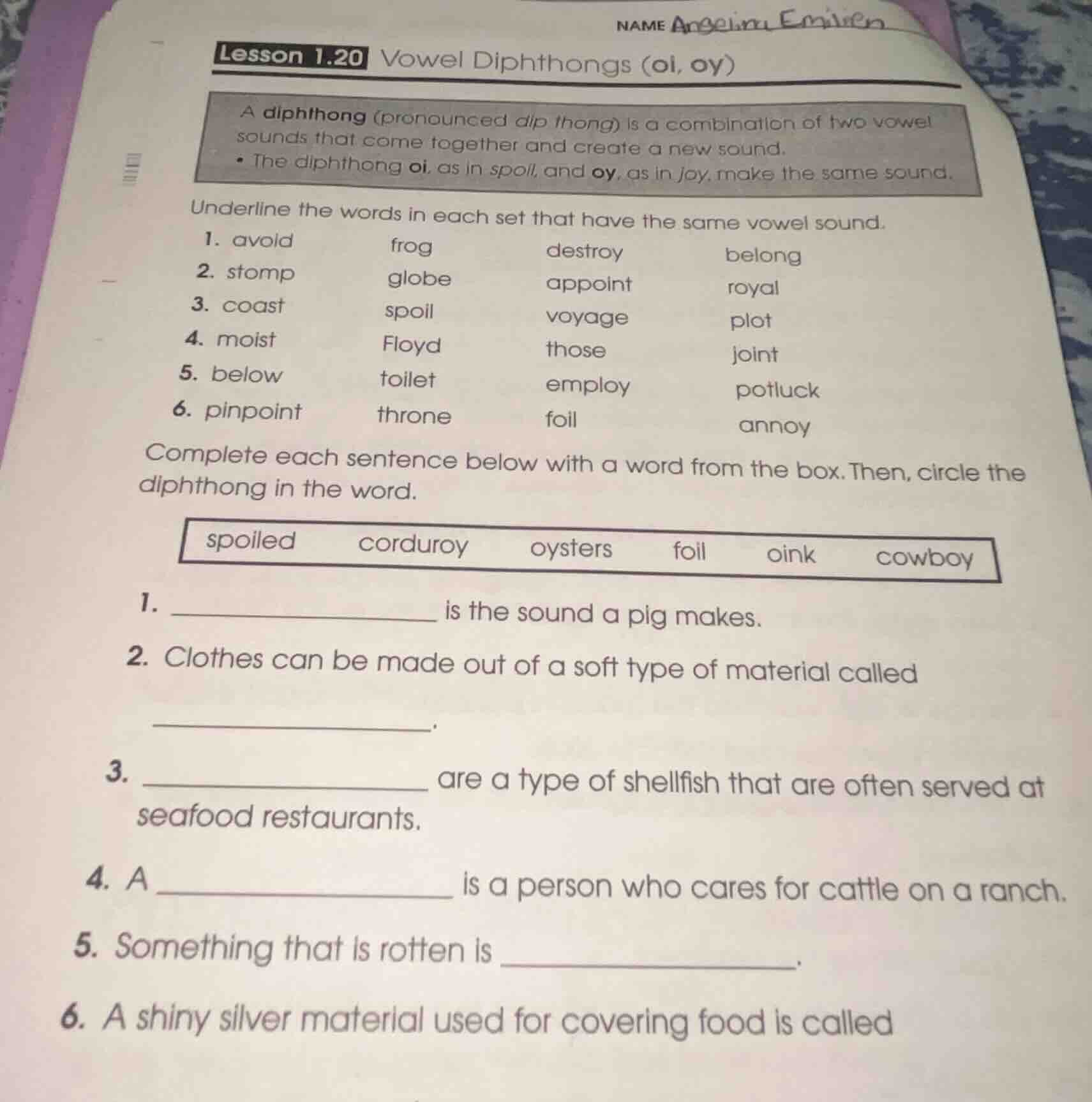 lesson 1.20 vowel diphthongs (oi, oy) a diphthong (pronounced dip thong…