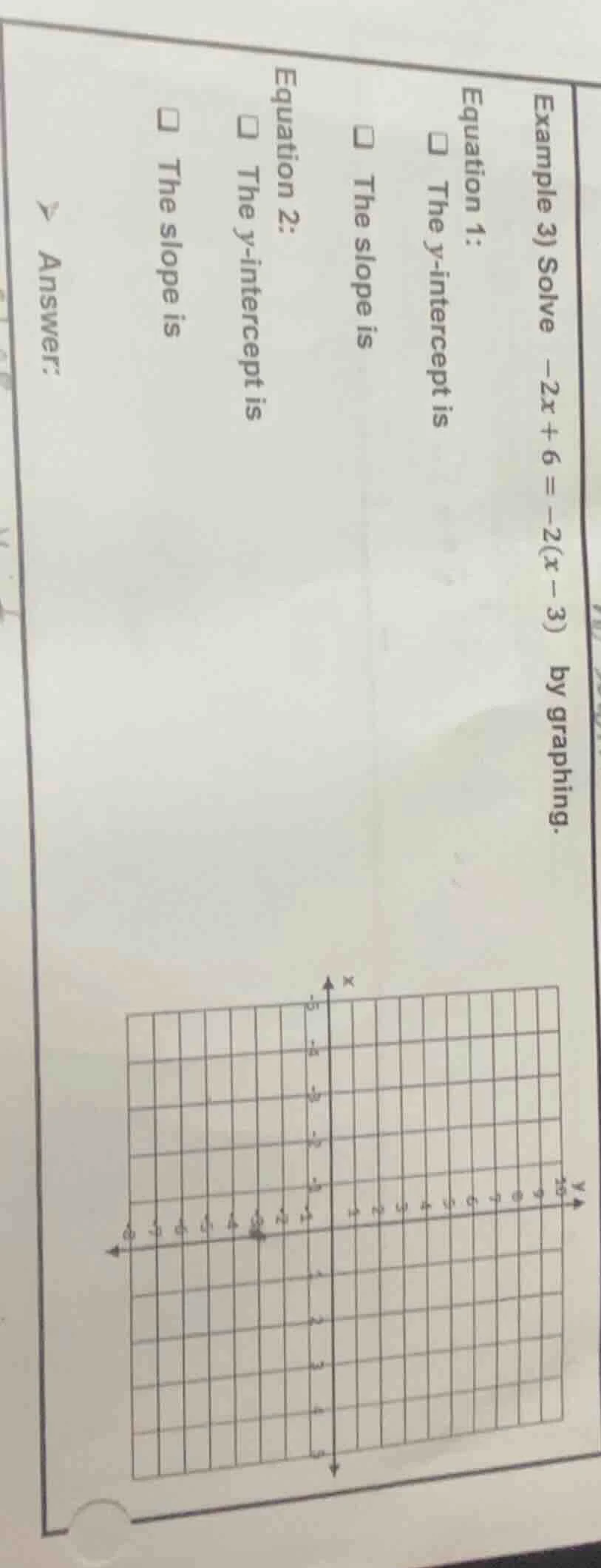example 3) solve $-2x + 6 = -2(x - 3)$ by graphing. equation 1: $square…
