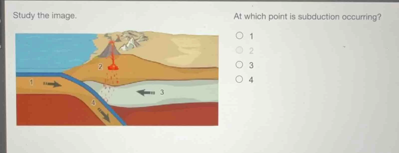 study the image. at which point is subduction occurring? 1 2 3 4