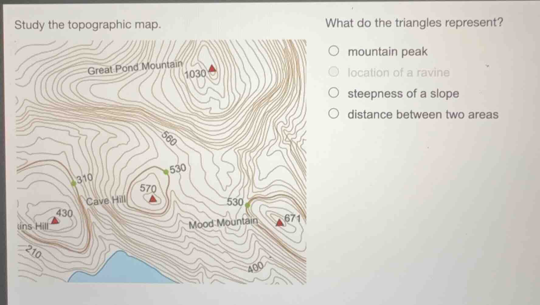 study the topographic map. what do the triangles represent? mountain pe…