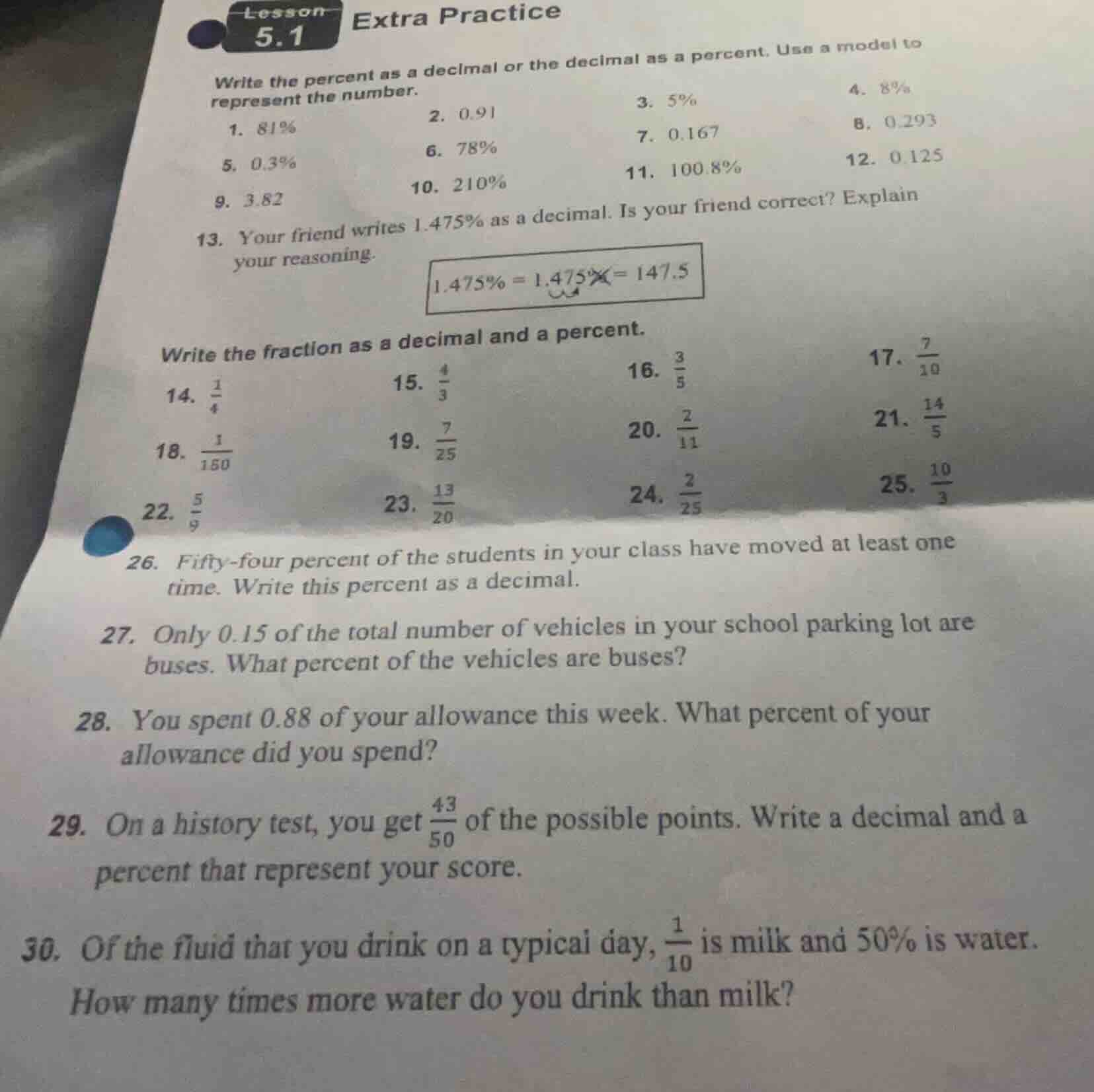 lesson 5.1 extra practice write the percent as a decimal or the decimal…