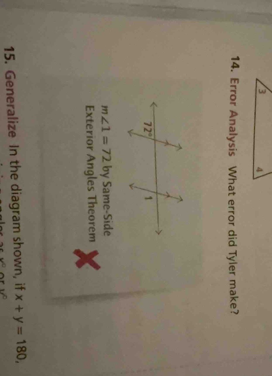 14. error analysis what error did tyler make? m∠1 = 72 by same - side e…