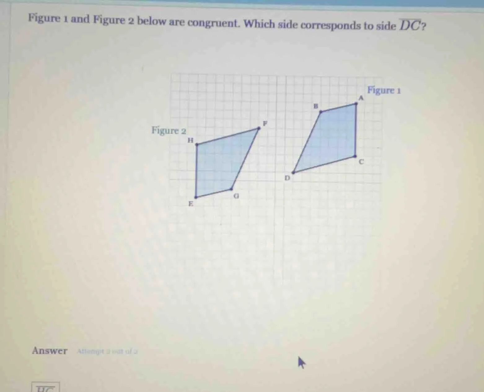figure 1 and figure 2 below are congruent. which side corresponds to si…