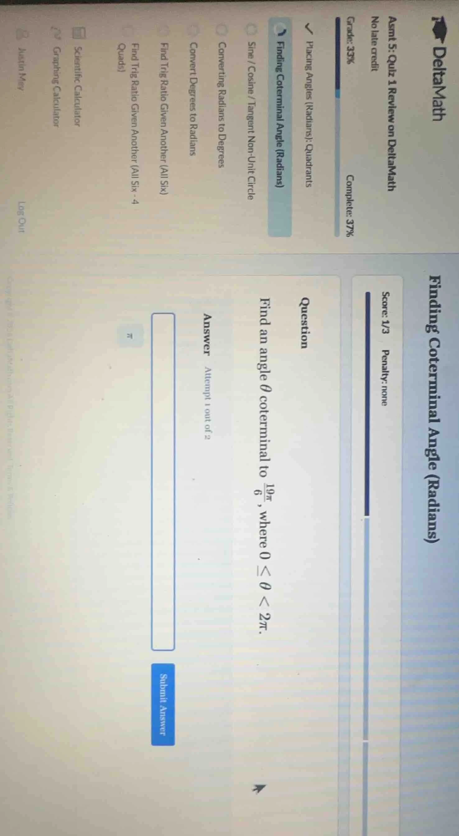 question find an angle \\( \\theta \\) coterminal to \\( \\frac{19\\pi}…