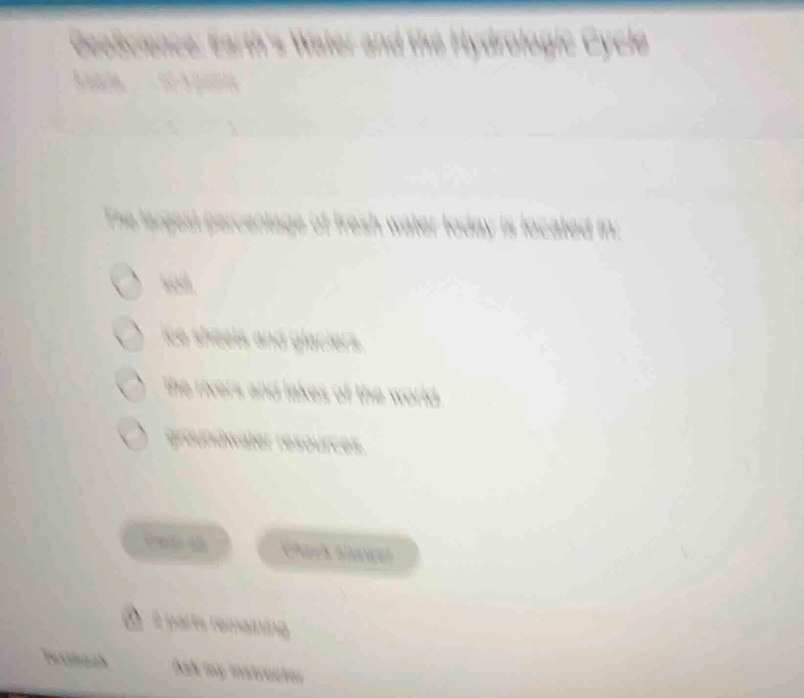 the largest percentage of fresh water today is located in: a. soil b. i…