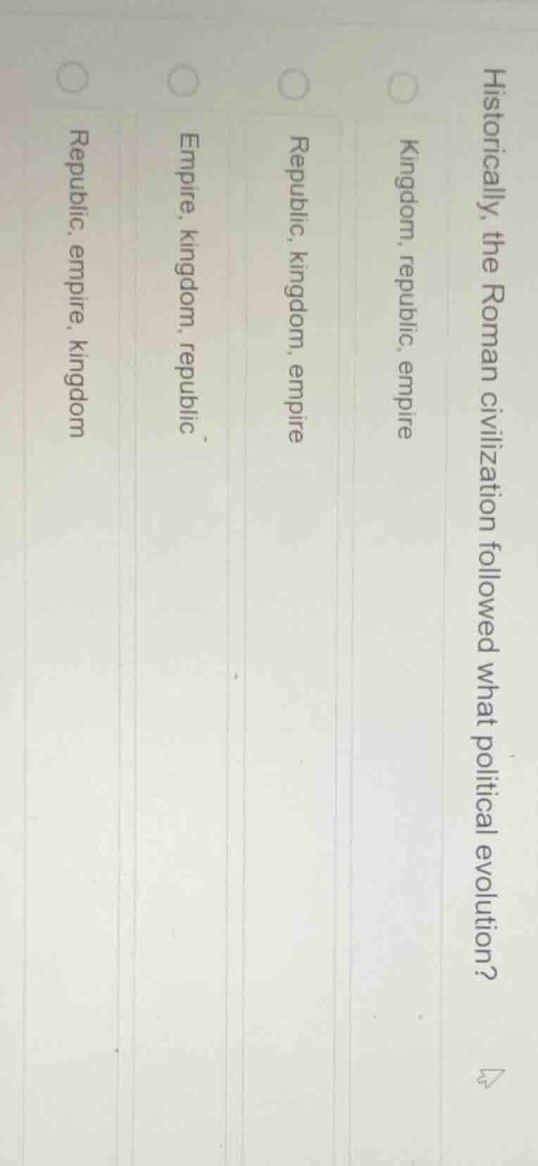 historically, the roman civilization followed what political evolution?…