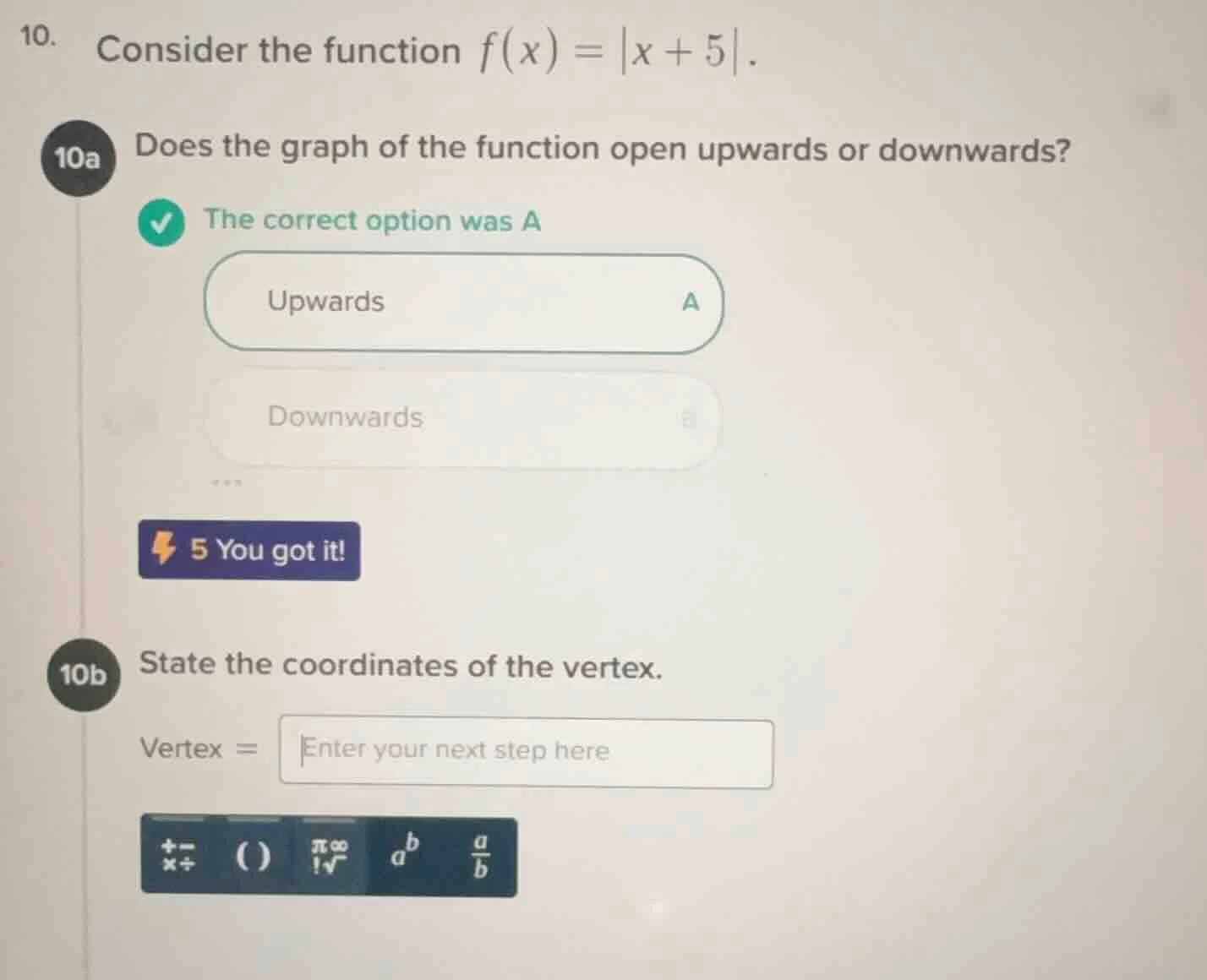 10. consider the function $f(x)=|x + 5|$. 10a does the graph of the fun…