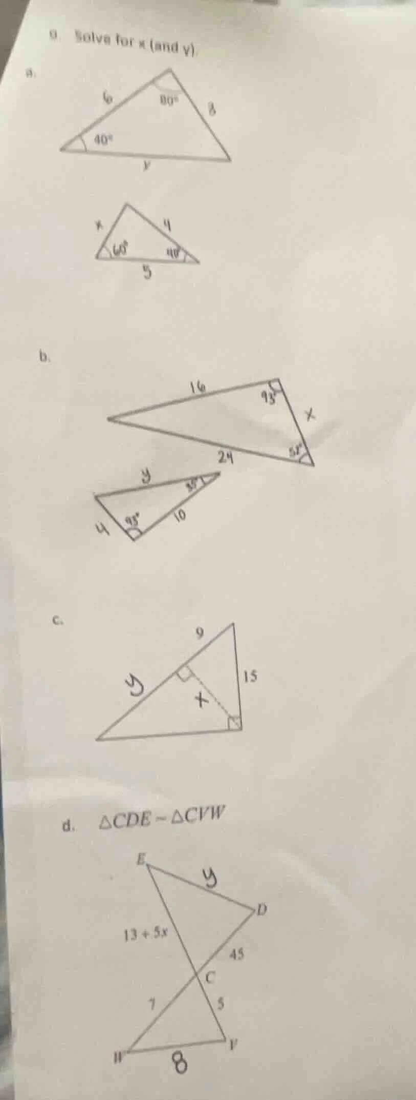 9. solve for x (and y). a. b. c. d. $\\triangle cde \\sim \\triangle cv…