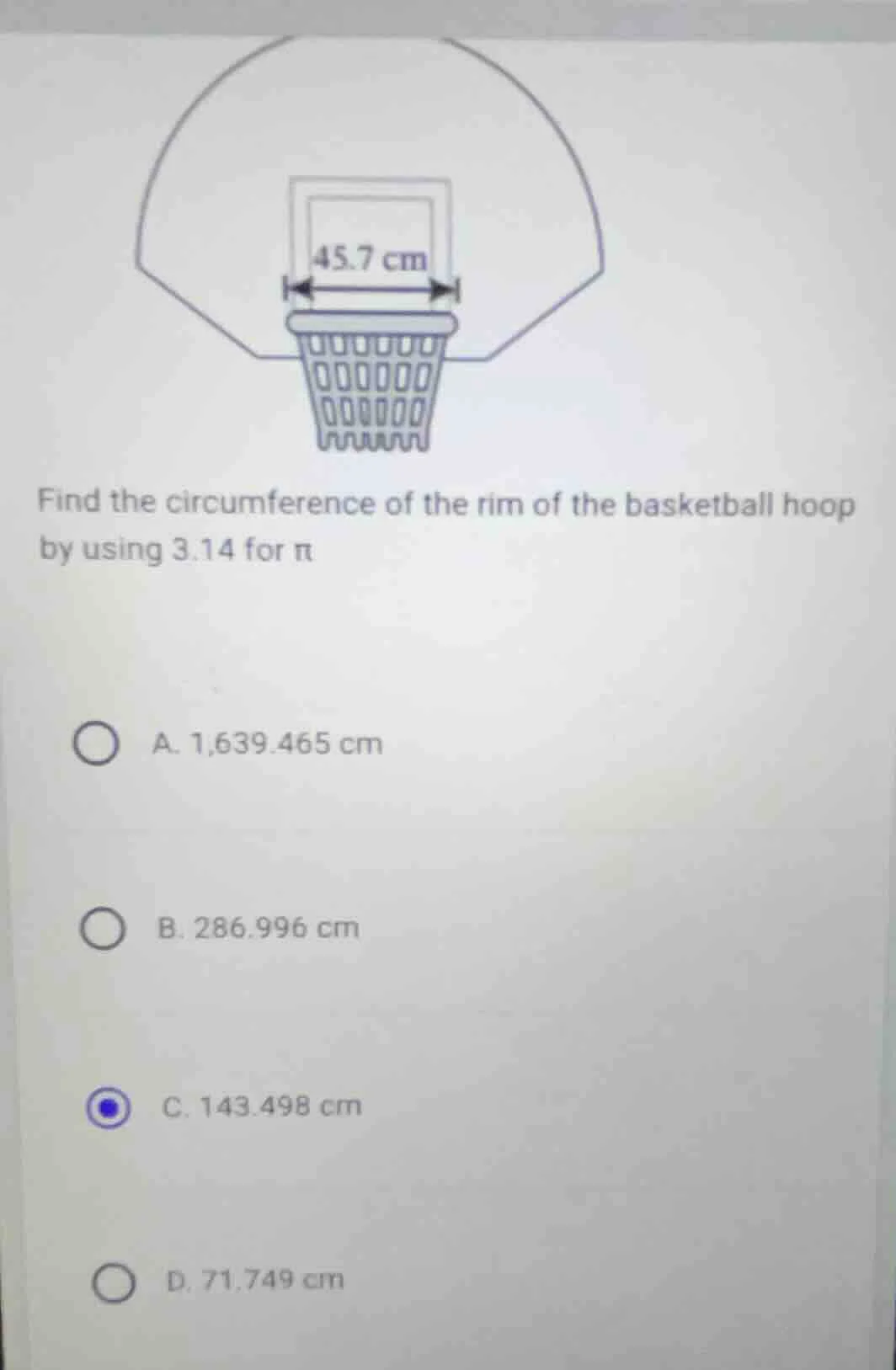 find the circumference of the rim of the basketball hoop by using 3.14 …