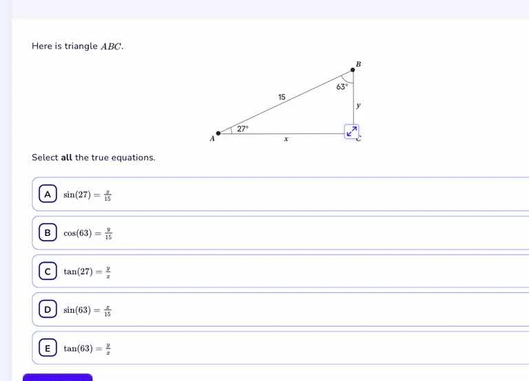 here is triangle abc. select all the true equations. a (sin(27)=\frac{y…