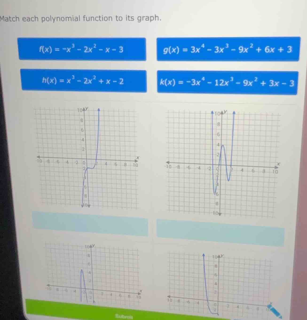 match each polynomial function to its graph. \\( f(x) = -x^3 - 2x^2 - x…
