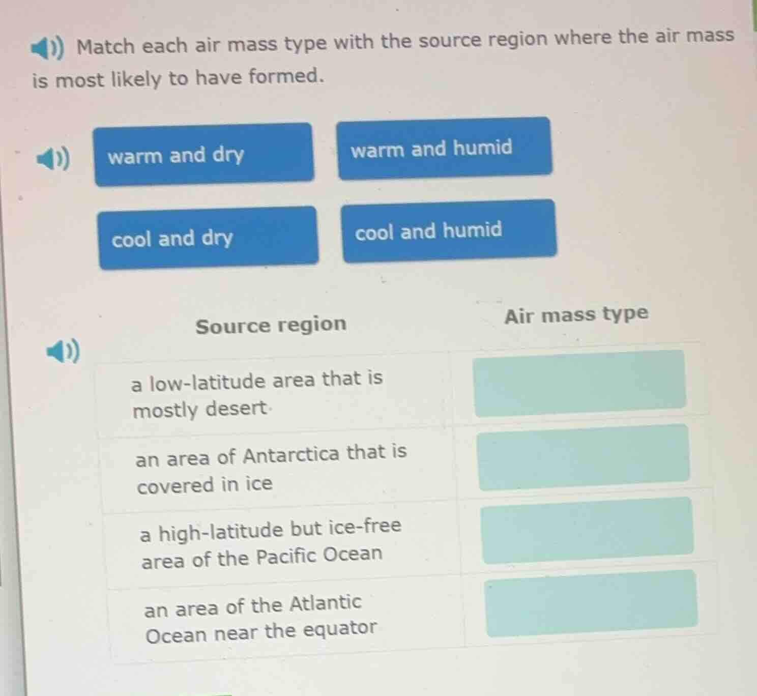 match each air mass type with the source region where the air mass is m…