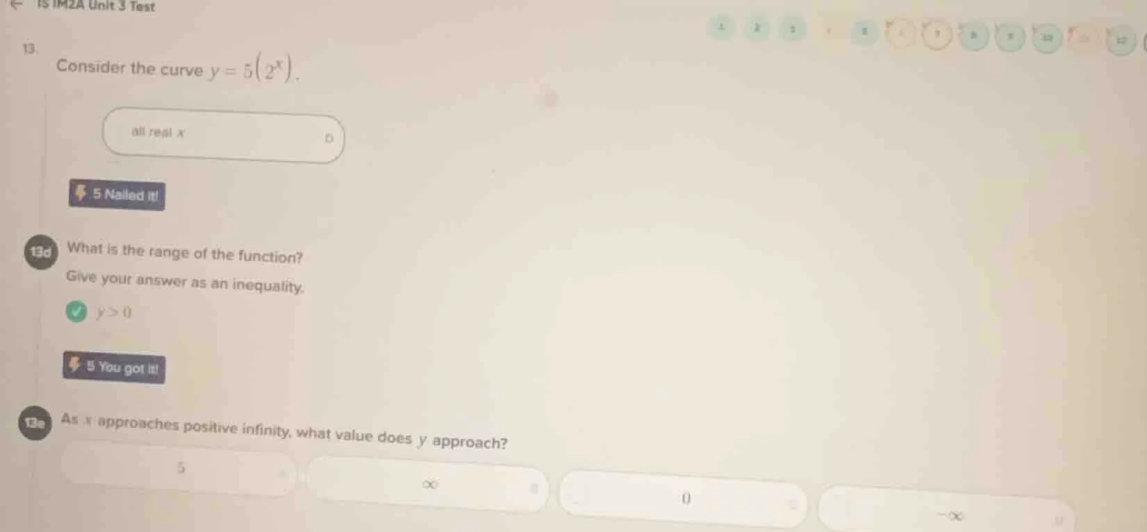 13. consider the curve $y = 5(2^x)$. 13d what is the range of the funct…