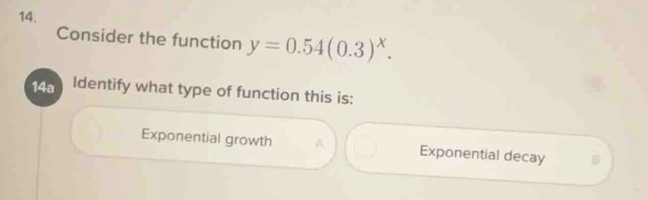 14. consider the function $y = 0.54(0.3)^x$. 14a identify what type of …